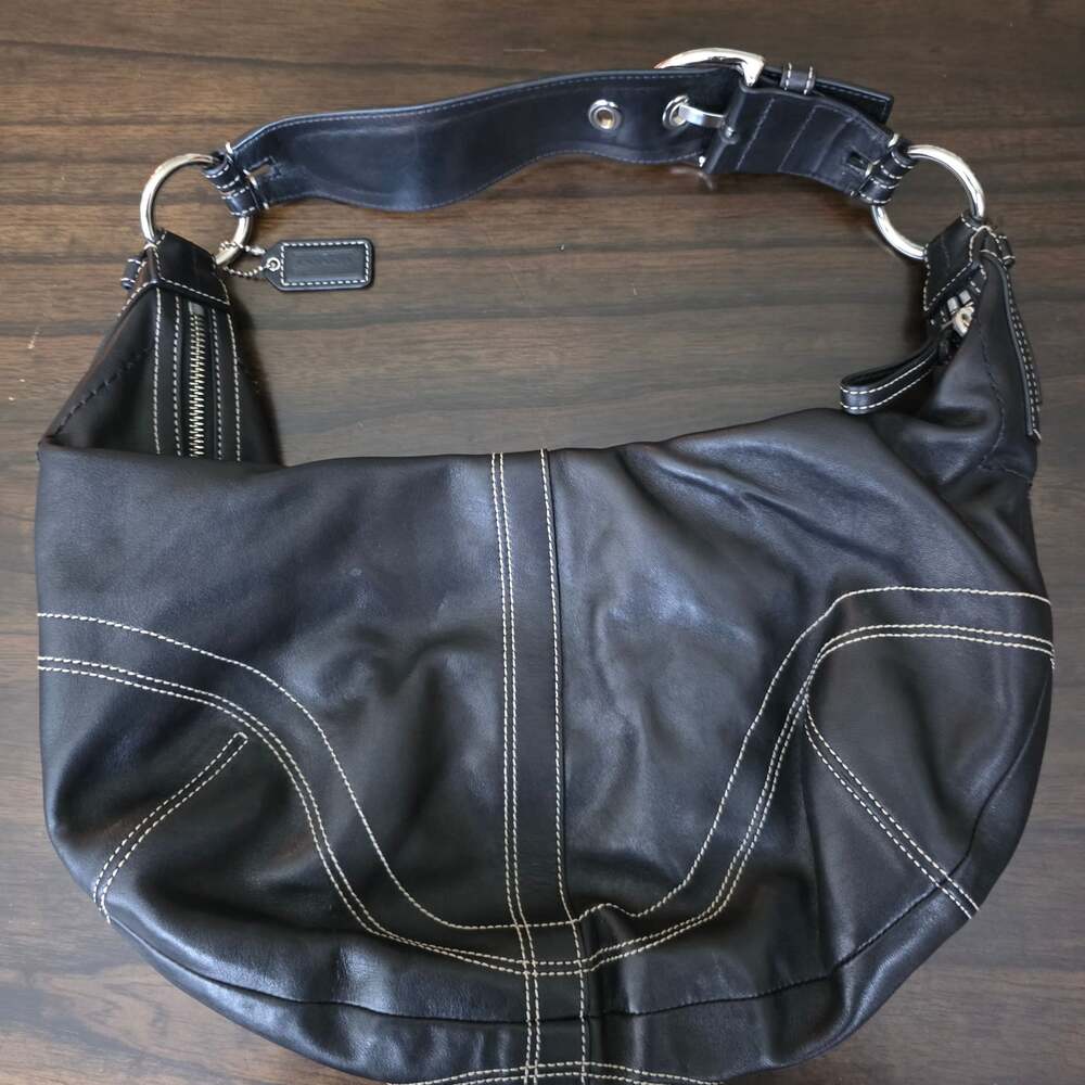 Coach Soho Black Leather Hobo Shoulder Bag with Contrast Stitching